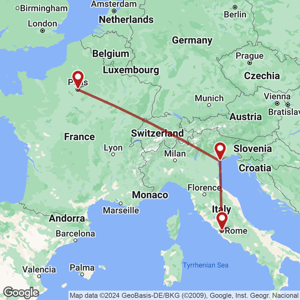 Route for Paris, Venice, Rome tour